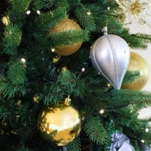 Gold Christmas tree decorations on a Scottish grown Christmas trees - JDS Christmas