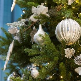 Silver Christmas tree decorations on a Scottish grown Christmas trees - JDS Christmas